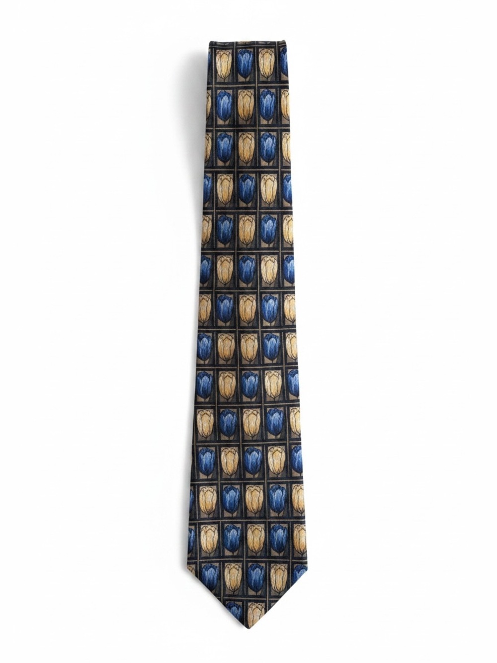Perry Ellis Vintage Silk Tie Tulip Floral Necktie Blue Gold Beige Made USA